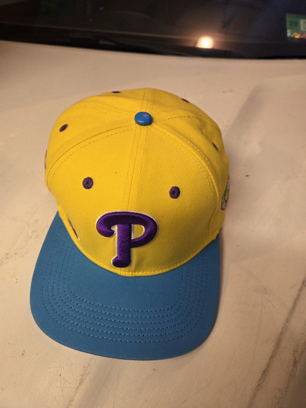 Yellow & Blue Snapback Hat with Purple 'P' Patch